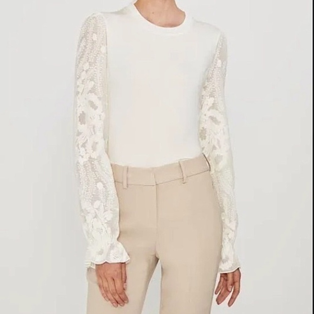 Elie Tahari Hamani Knit Lace Sleeve Crewneck Top​